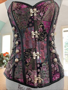 Embellished Patchwork Brocade Corset - Purple/Black